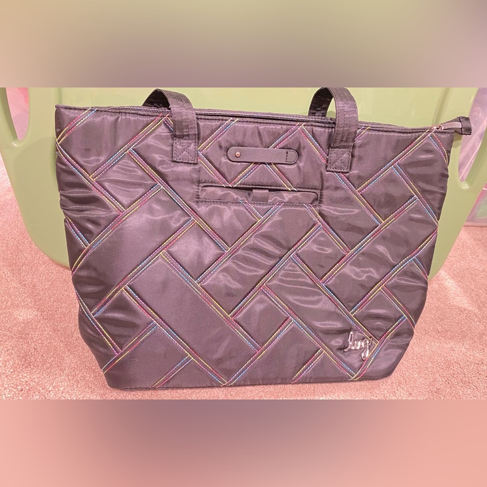 Lug Skyliner Black Quilted Tote “Black IcePop” NWT. Rainbow Stitching